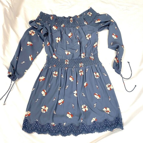 Abercrombie & Fitch Blue Floral Smocked Off The Shoulder Babydoll Mini Dress S - Picture 2 of 14